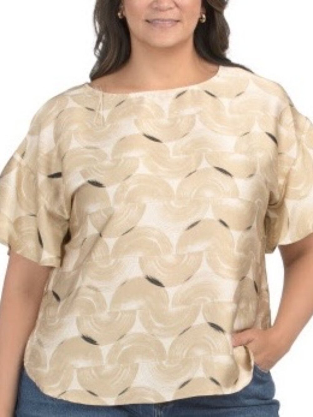 Striking Anne Klein 2x Beige & Black Swirl Short Sleeve Blouse NWT